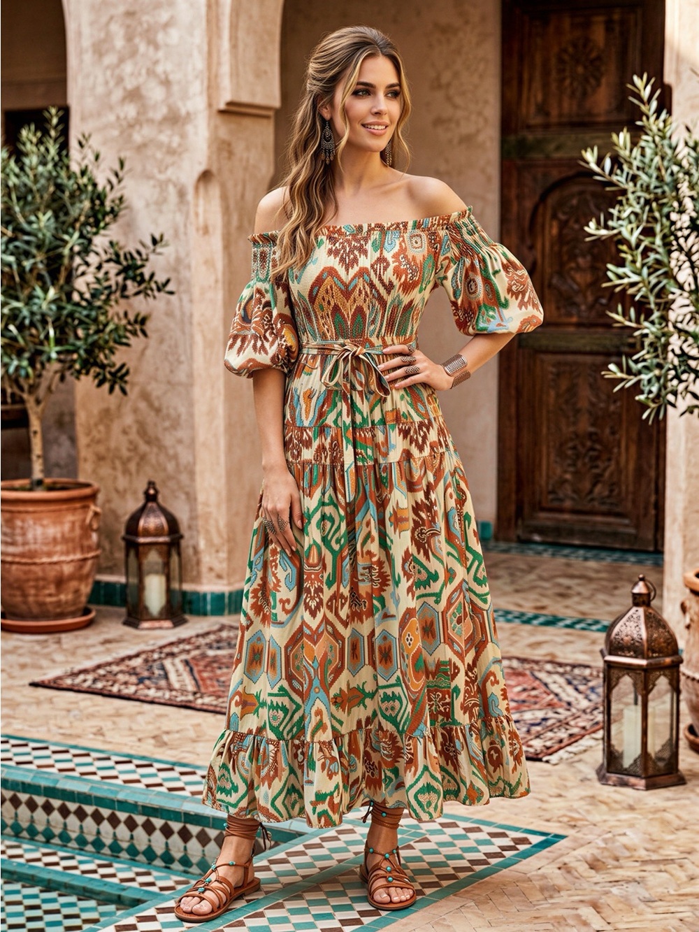 Anthropologie Off-the-Shoulder Ikat Print Smocked Midi Dress